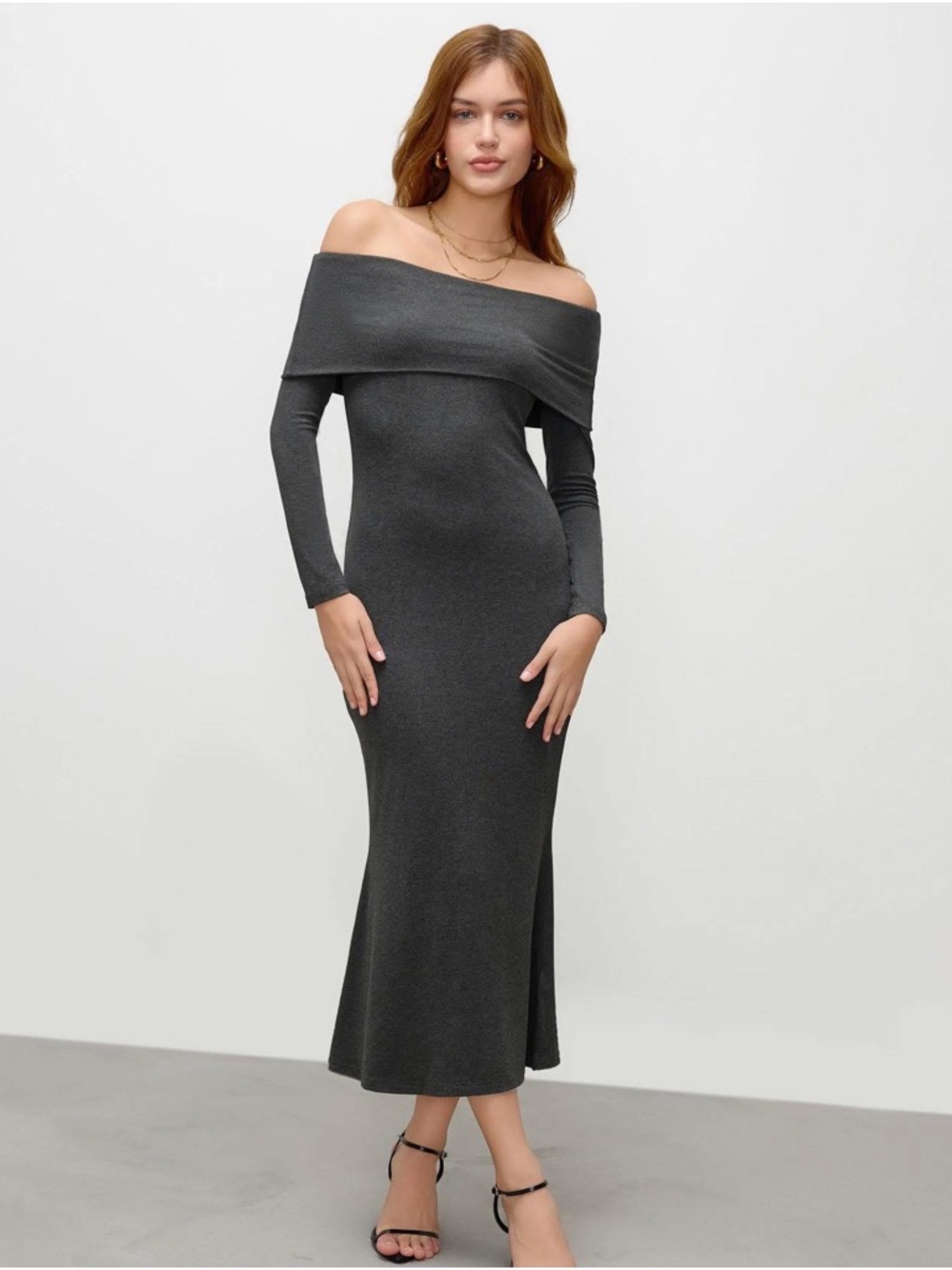 Cider KNIT OFF-SHOULDER CHARCOAL GRAY MERMAID MAXI DRESS large nwt